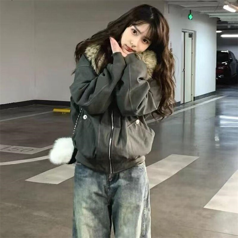 现货重磅boxy短款棉衣座山雕大毛毛领男女棉服水洗工装厚外套,男装棉衣,电商A486-1