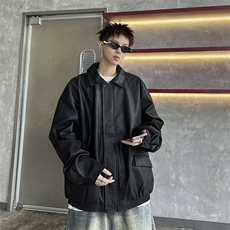 美式复古PU皮衣秋季潮牌翻领机车服痞帅工装皮衣，男装皮衣，星座410-7
