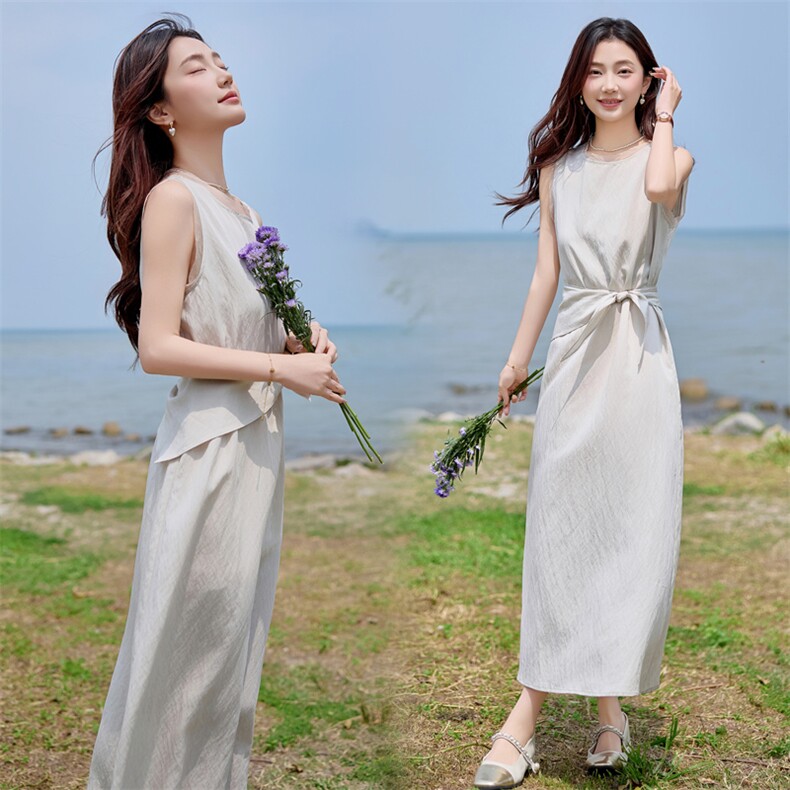 100%亚麻定制款肌理感网格布时尚文艺休闲显瘦无袖连衣裙,女装连衣裙,难舍钰依