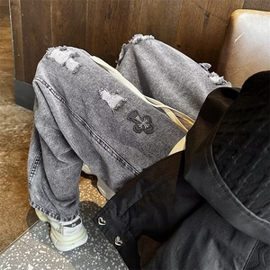 破洞牛仔裤男夏季薄款松紧腰裤子潮牌美式高街垂感阔腿裤6086/P48图片