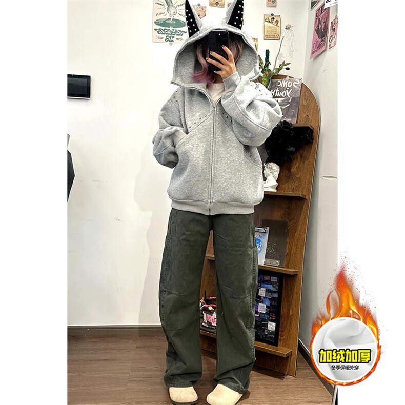480G重磅加绒硬挺boxy男女美式高街卫衣铆钉杜宾犬耳朵开衫厚外套,女装短外套,电商A486