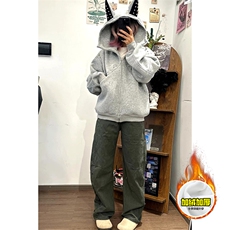 480G重磅加绒硬挺boxy男女美式高街卫衣铆钉杜宾犬耳朵开衫厚外套，女装短外套，电商A486