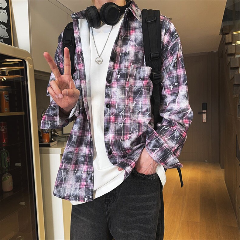 现货春夏美式高街做旧紫格子长袖衬衫扎染衬衣外套男C18-P50,男装衬衫,星座1505