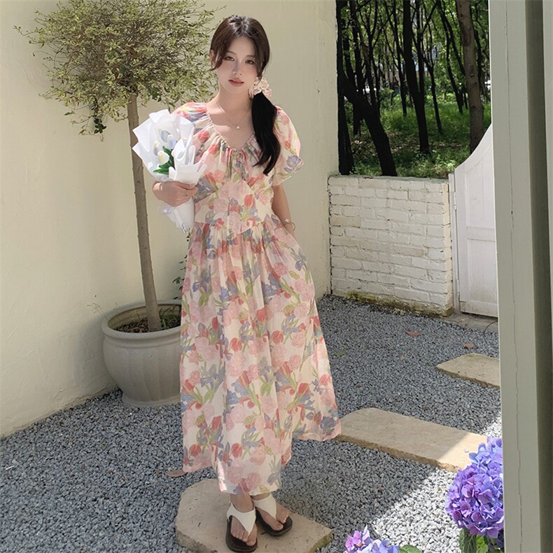 时尚碎花泡泡袖连衣裙女夏季2024新款轻奢高级感复古收腰设计长裙,女装连衣裙,2C269