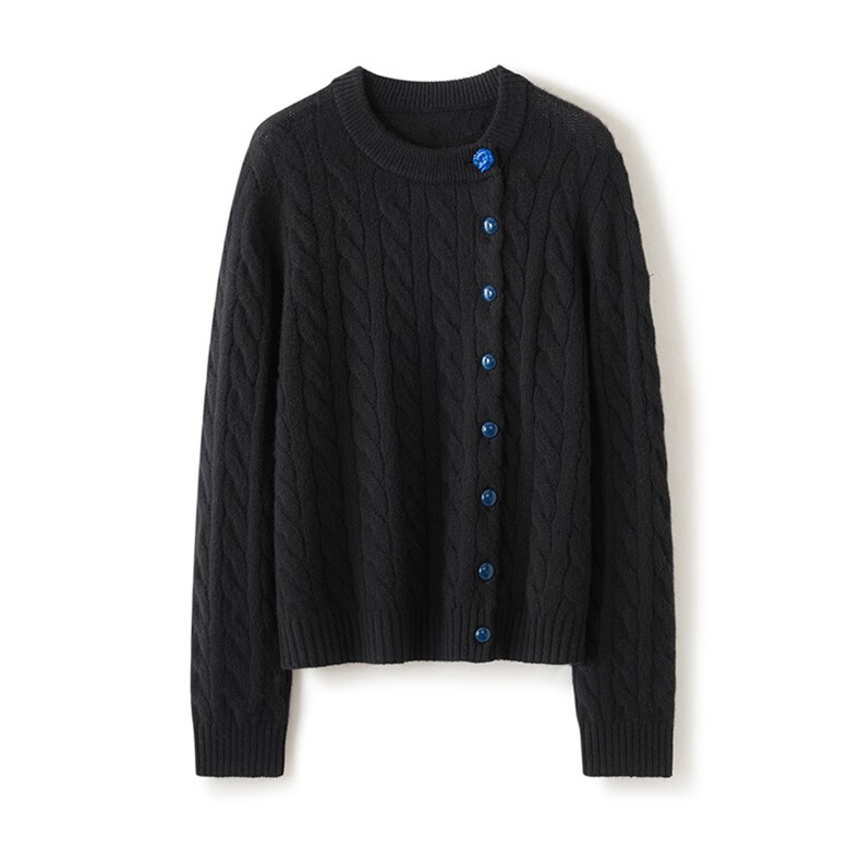 2026年秋季时尚百搭通勤简约休闲蓝斜扣麻花开衫，女装羊绒衫，致织羊绒