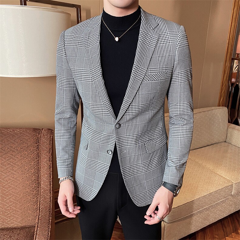 2023春新款西装男士白色格子西装西服西外套803-,男装西服,电商D225