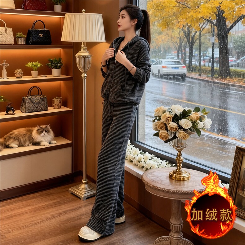 女秋冬季欧货时尚条纹休闲复古连帽开衫上衣宽松软糯直筒长裤套装,女装套装/套裙,江南
