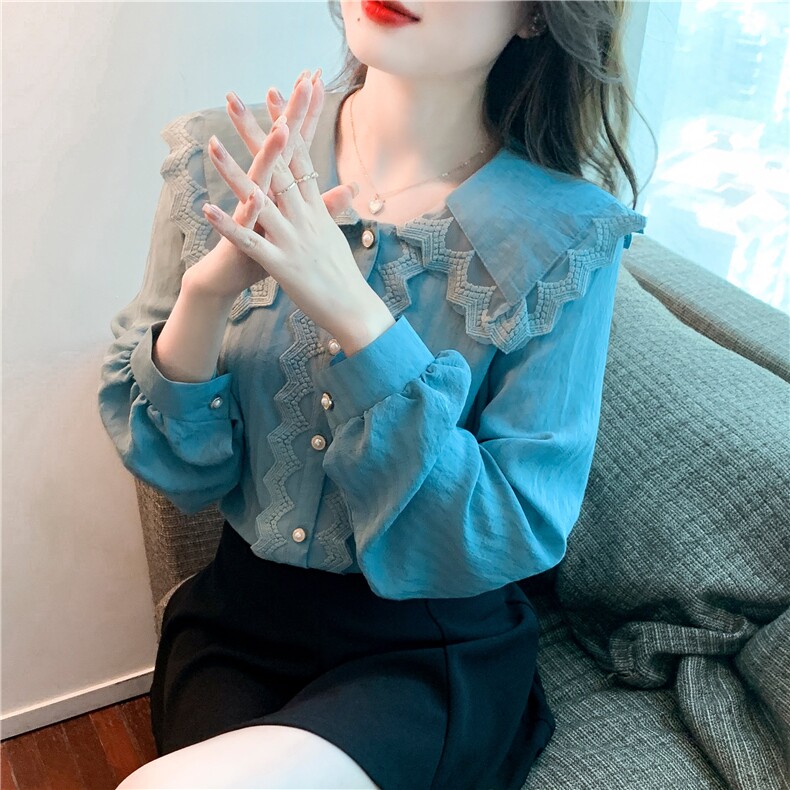 22春季新款娃娃领衬衫蕾丝拼接花边雪纺衫上衣气质打底衫，女装蕾丝衫/雪纺衫，美吧服饰