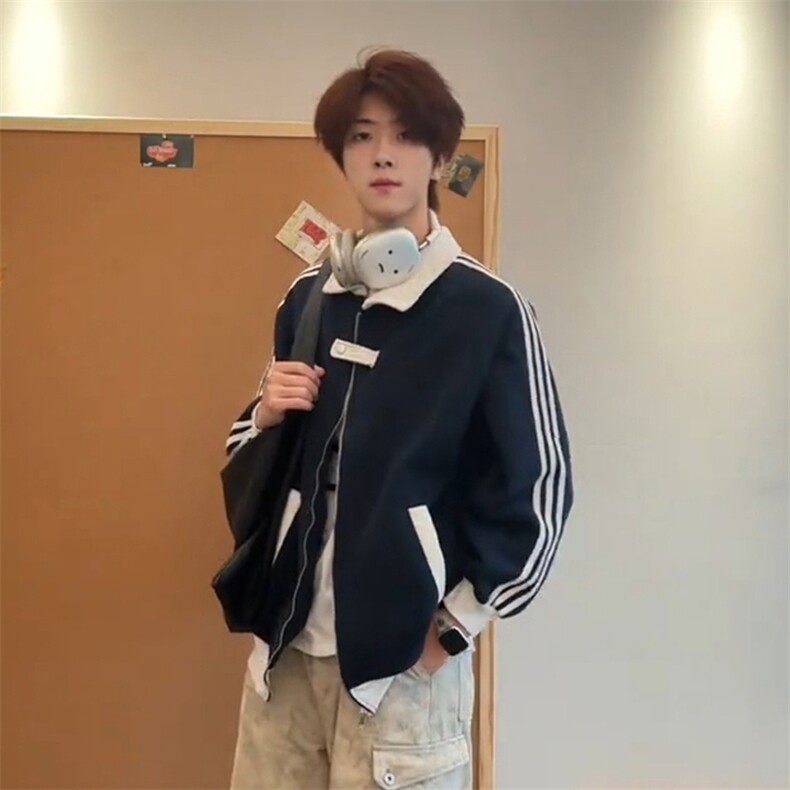抖音得物品质秋冬美式高街重磅结构拼接织带翻领卫衣夹克外套W113,男装夹克,电商A486