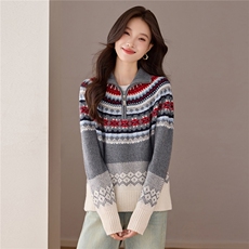 费尔岛撞色提花半拉链毛衣女秋冬慵懒高级感全羊毛针织衫外穿上衣，女装羊毛衫，艾米