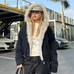 现货高品质美式高街冬季重磅硬挺短款座山雕毛领棉衣男女加厚外套图片