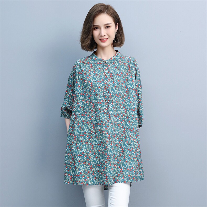 2021夏季新款简约气质圆领中长款休闲舒适碎花衬衫,女装衬衫,悦见她