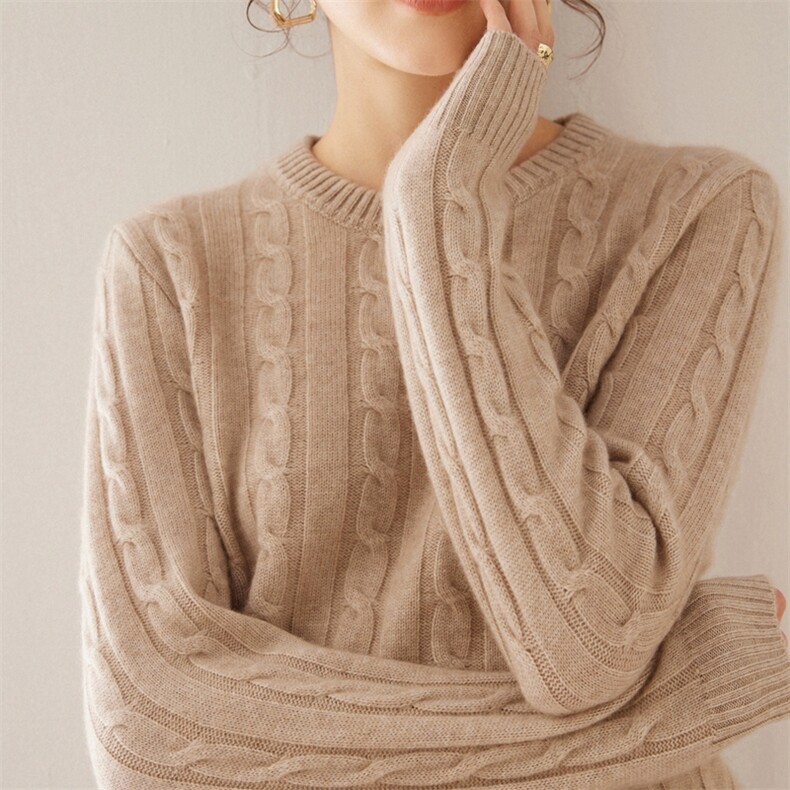 麻花宽松显瘦真丝山羊绒衫女2025秋冬新款慵懒针织大毛衣圆领加厚,女装羊绒衫,旭友羊绒