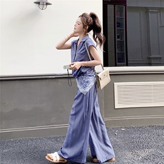 灰蓝色休闲时尚套装女2025夏新款设计感V领无袖上衣阔腿裤两件套，女装套装/套裙，2C129