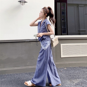 灰蓝色休闲时尚套装女2025夏新款设计感V领无袖上衣阔腿裤两件套图片
