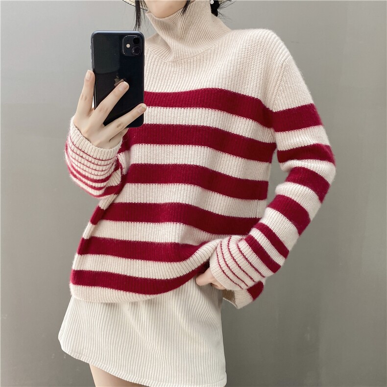 加厚高领条纹新款秋冬季针织35%羊绒衫女,女装羊绒衫,织绒羊