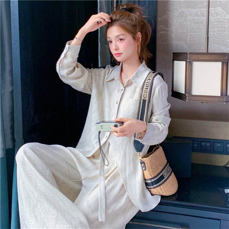 慵懒高级松弛感穿搭套装女2025春秋新款晕染衬衫阔腿裤时尚两件套,女装套装/套裙,2C118