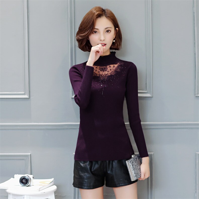 套头修身2020年冬季半高领纯色蕾丝衫/雪纺衫纯色韩版潮流时尚，女装蕾丝衫/雪纺衫，安之芮娜