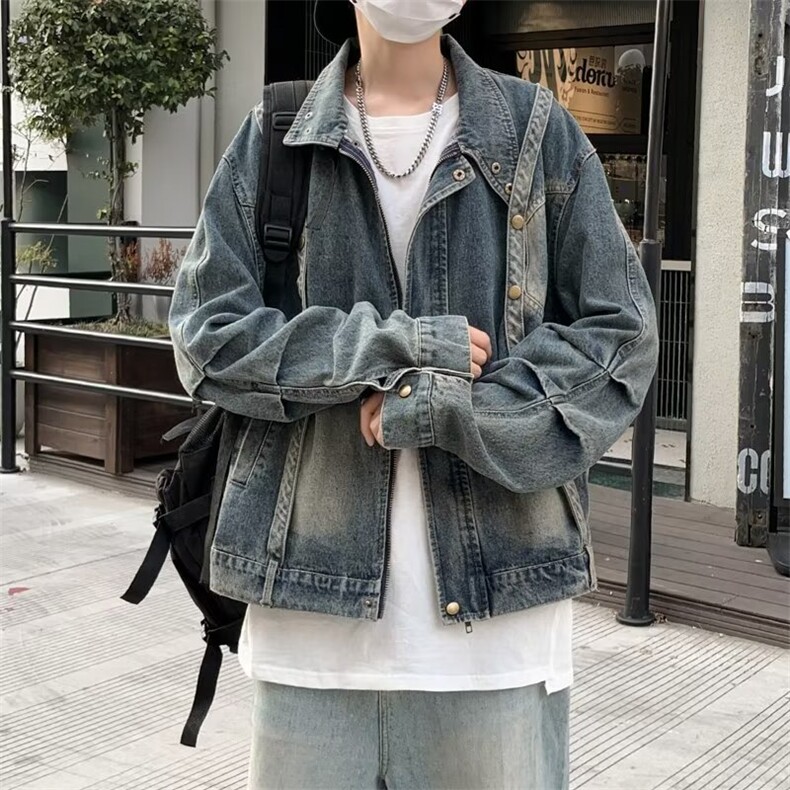 A870P75牛仔外套男春秋季设计感痞帅高街潮牌hiphop工装牛仔夹,男装夹克,星座512-6