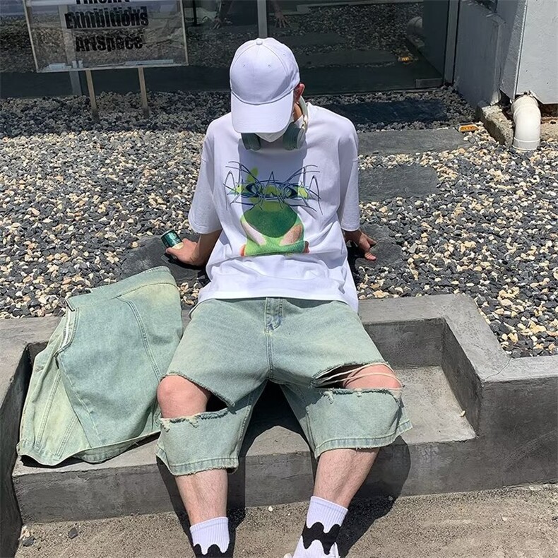 牛仔短裤男女夏季薄款渐变色水洗做旧直筒潮牌宽松休闲五分中裤,男装牛仔裤,星座601-2
