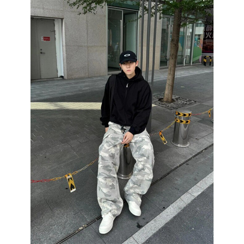 迷彩工装裤男夏季美式高街潮牌痞帅休闲裤子高级感宽松直筒阔腿裤图片