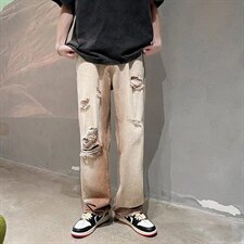 美式高街水洗做旧破洞渐变牛仔裤男ins复古宽松休闲裤N0858-P50，男装牛仔裤，星座308B-2