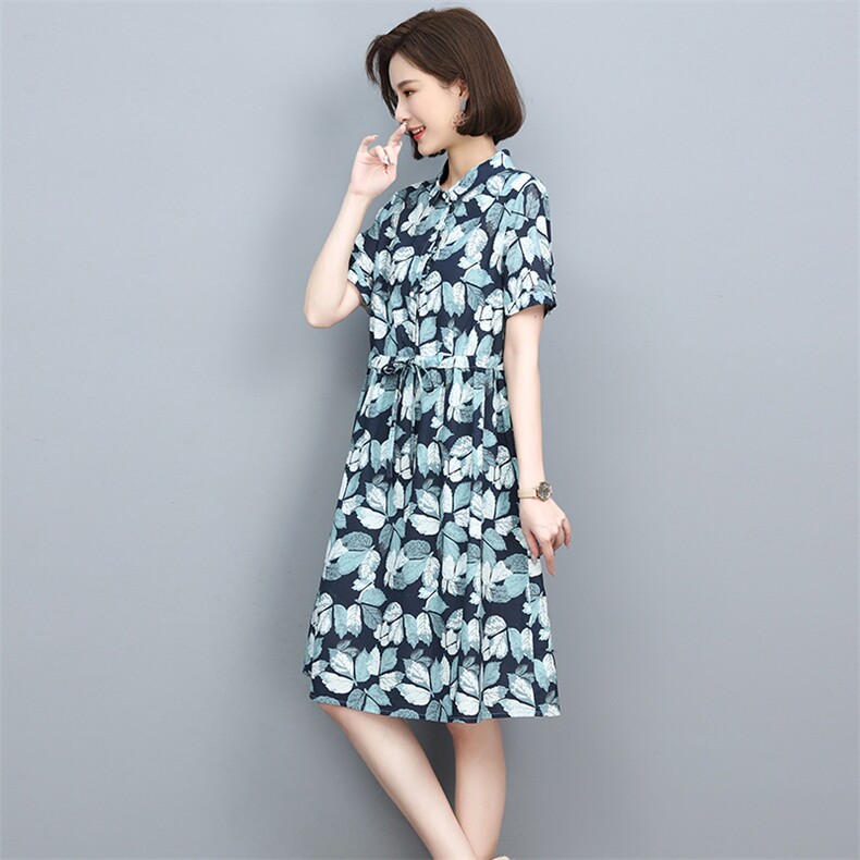 2022夏季舒适优雅气质新款印花收腰显瘦休闲连衣裙,女装连衣裙,忆绮罗