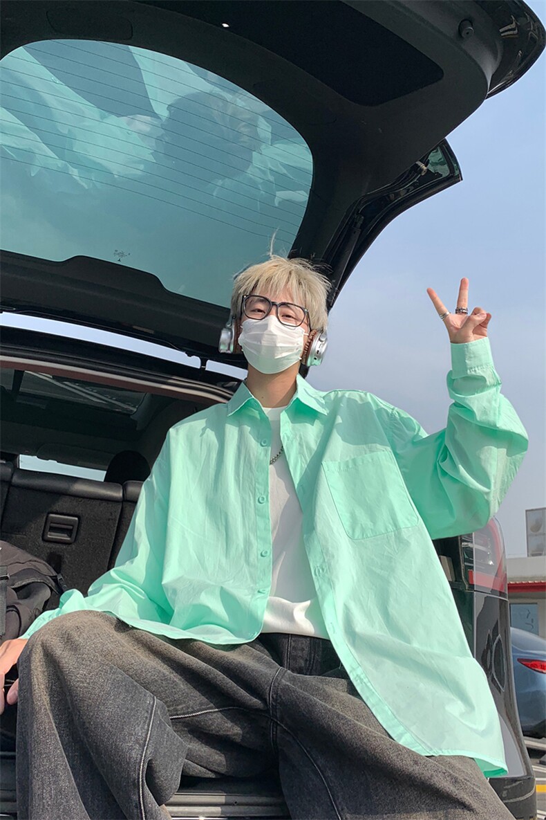 夏季薄荷曼波绿色慵懒风衬衫男薄款防晒长袖衬衣外套C2242-特价46,男装防晒衣,电商A007
