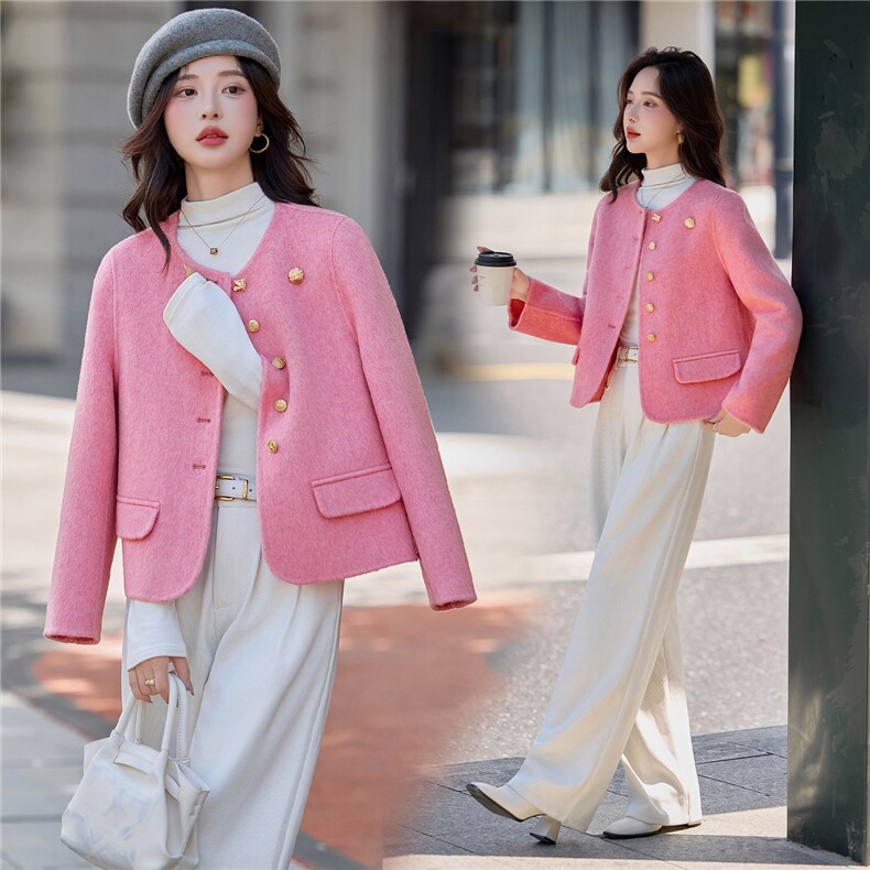 小香风粉色短款毛呢外套女2025秋冬新款超好看圆领双面羊毛呢大衣，女装双面呢大衣，美沁