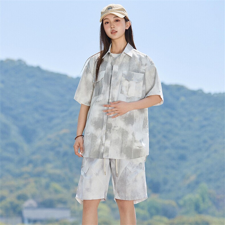 水墨画工装短袖衬衫短裤夏季宽松百搭两件套女A406TZ6619特P68,男装衬衫,星座309（原A406）