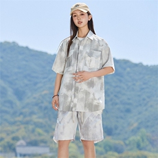 水墨画工装短袖衬衫短裤夏季宽松百搭两件套女A406TZ6619特P68，男装衬衫，星座309（原A406）
