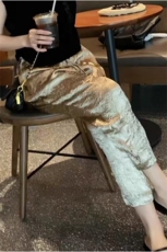 25春夏新款醋酸缎面欧货高端洋气时尚九分哈伦裤显瘦褶皱提花薄款，女装休闲裤，佳绒高端店