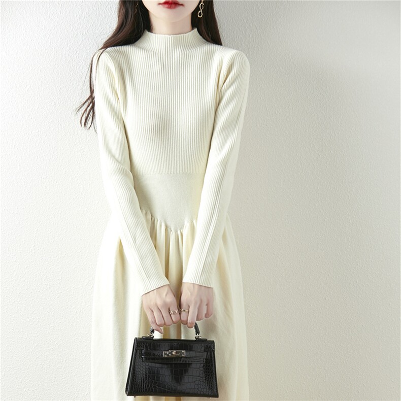 配大衣针织连衣裙女士2024冬季新款坑条半高领配大衣毛衣裙，女装连衣裙，暖姿羊绒
