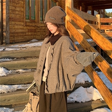撞色翻领木耳边羊毛呢外套女冬季夹棉保暖呢子夹克女，女装棉衣/棉服，衣秀之家