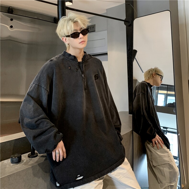 706-1-WY605-P65秋季男士复古做旧水洗立领半拉链卫衣潮牌外套,女装短外套,星座706-1