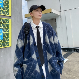 2022复古菱格纹针织毛衣开衫学院风V领纽扣宽松外套男女M1001-P55图片
