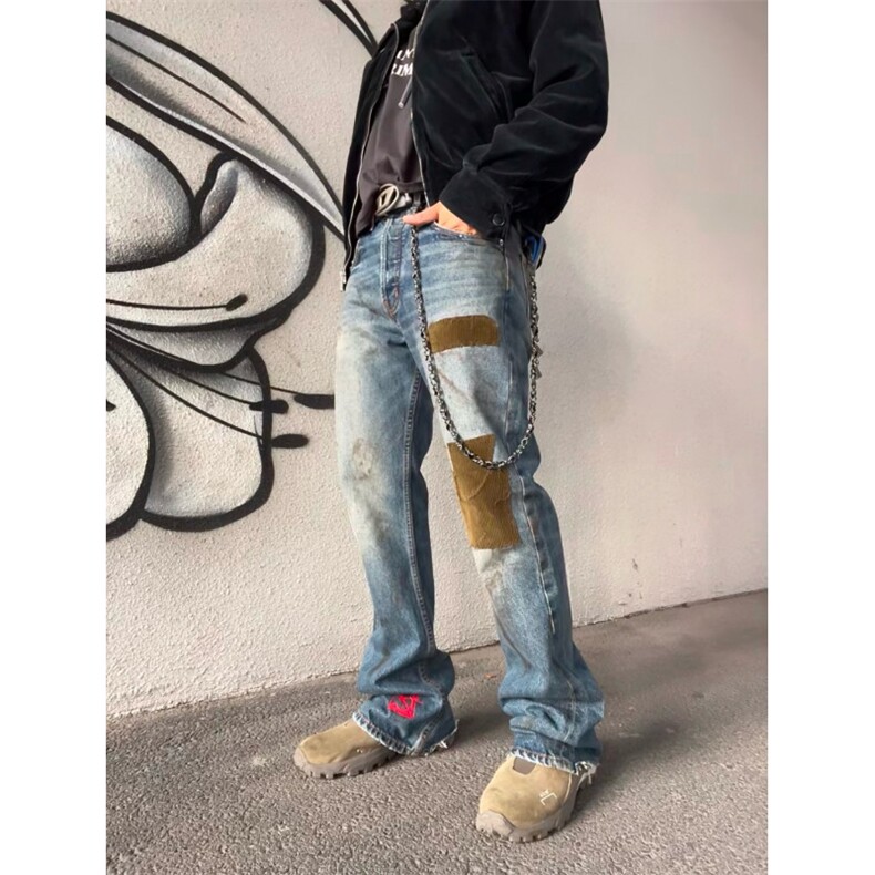 ERD忧郁的富二代贴布拼接丝绒灼烧修长洗水刀割破坏微喇牛仔裤,男装牛仔裤,四季星座505