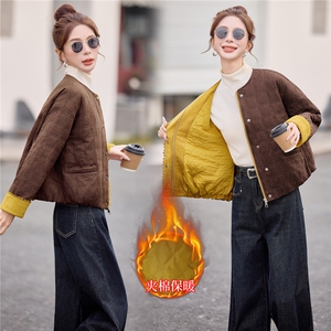 休闲短款夹棉外套2025冬新款减龄洋气圆领棉衣棉服女图片