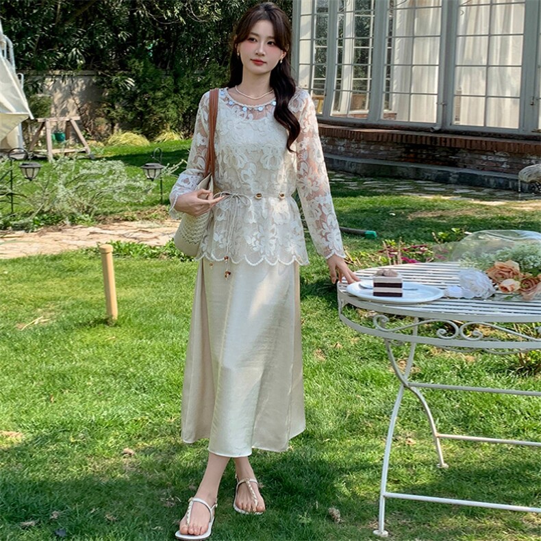 法式缕空吊带连衣裙女2025春夏新款高级感气质宽松显瘦长裙两件套，女装套装/套裙，心心服饰