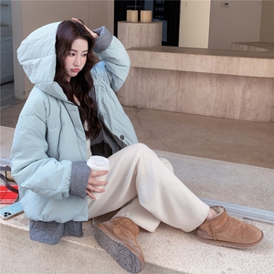 假两件蓝色连帽羽绒服女冬超火好看高级小众漂亮加厚面包服短外套图片
