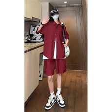泡泡纱短袖衬衫男装小众高级感穿搭套装夏季薄款宽松大码工装短裤，男装休闲套装，电商B371