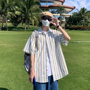 大货 港风条纹衬衫男短袖宽松夏季衬衣半袖上衣牌DX173P4558图片
