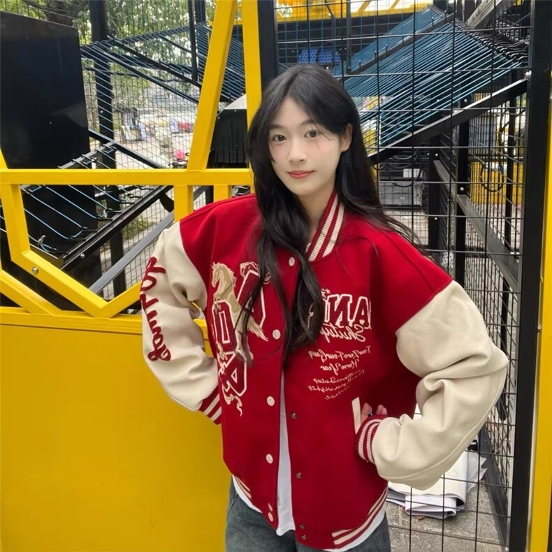 美式高街重工刺绣马年夹克棒球服女2026夹棉加厚宽松情侣红色外套,男装夹克,星座715-4