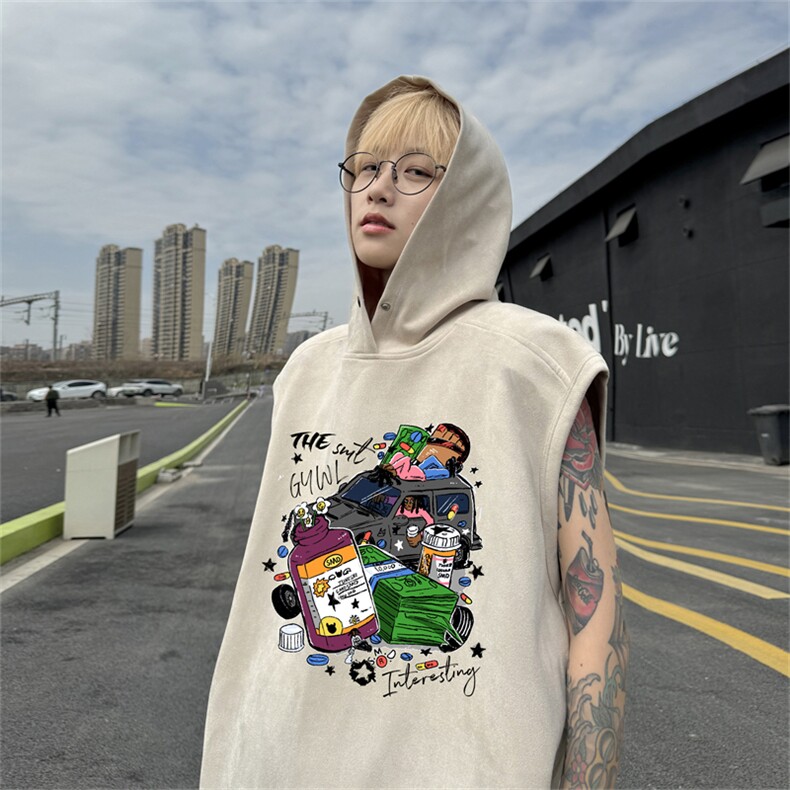 美式连帽背心男潮ins夏季青少年印花马甲宽松休闲砍袖坎肩无袖t恤,男装背心/马甲,电商B370