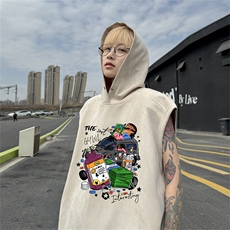 美式连帽背心男潮ins夏季青少年印花马甲宽松休闲砍袖坎肩无袖t恤，男装背心/马甲，电商B370