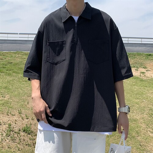 半拉链翻领Polo衫男夏季潮牌ins宽松T恤日系纯色上衣W3181-P28，男装衬衫，星座512-2