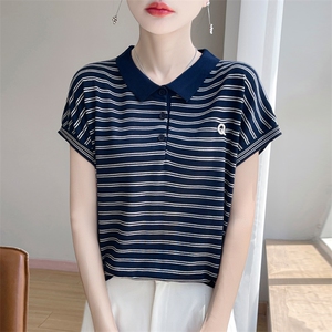 夏季新款莱赛尔天丝翻领Q刺绣条纹短袖女宽松百搭显瘦时尚上衣图片