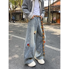 刺绣设计感卡通牛仔裤男女2025秋季情侣款宽松直筒休闲裤-A7099，男装牛仔裤，星座601-1