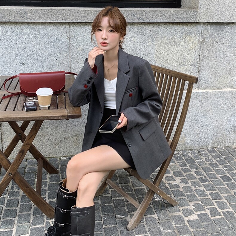 红灰色拼接西装外套女春秋2025新款韩系简约设计感西服爆款,女装西装,素月
