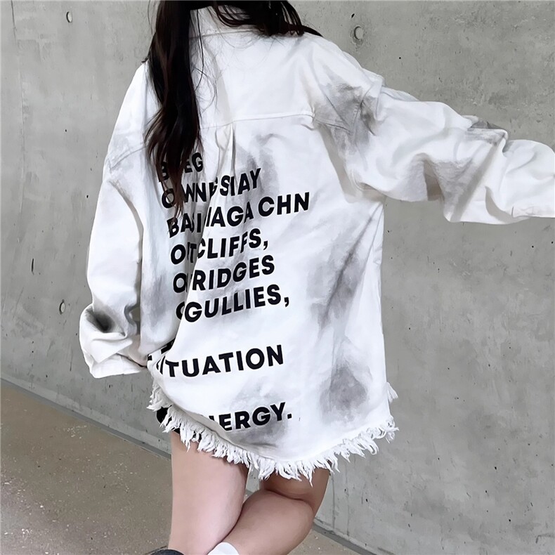 白色字母毛边牛仔衬衫设计感衬衣，男装衬衫，星座410-6（原星座1304-1）